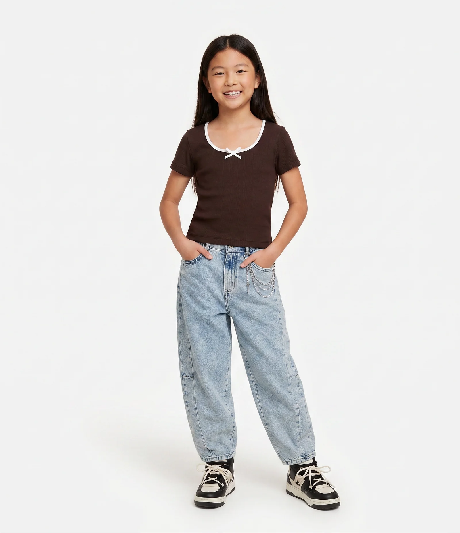 Camiseta Regular Infantil em Poliamida Sem Costura com Laçinho - Tam 5 a 16 Anos Marrom 1