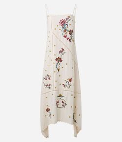 Vestido Midi em Laise com Bordado Floral e Barra Assimétrica
