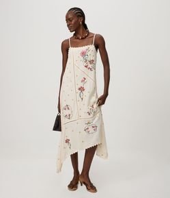 Vestido Midi Assimétrico em Laise com Bordado Floral