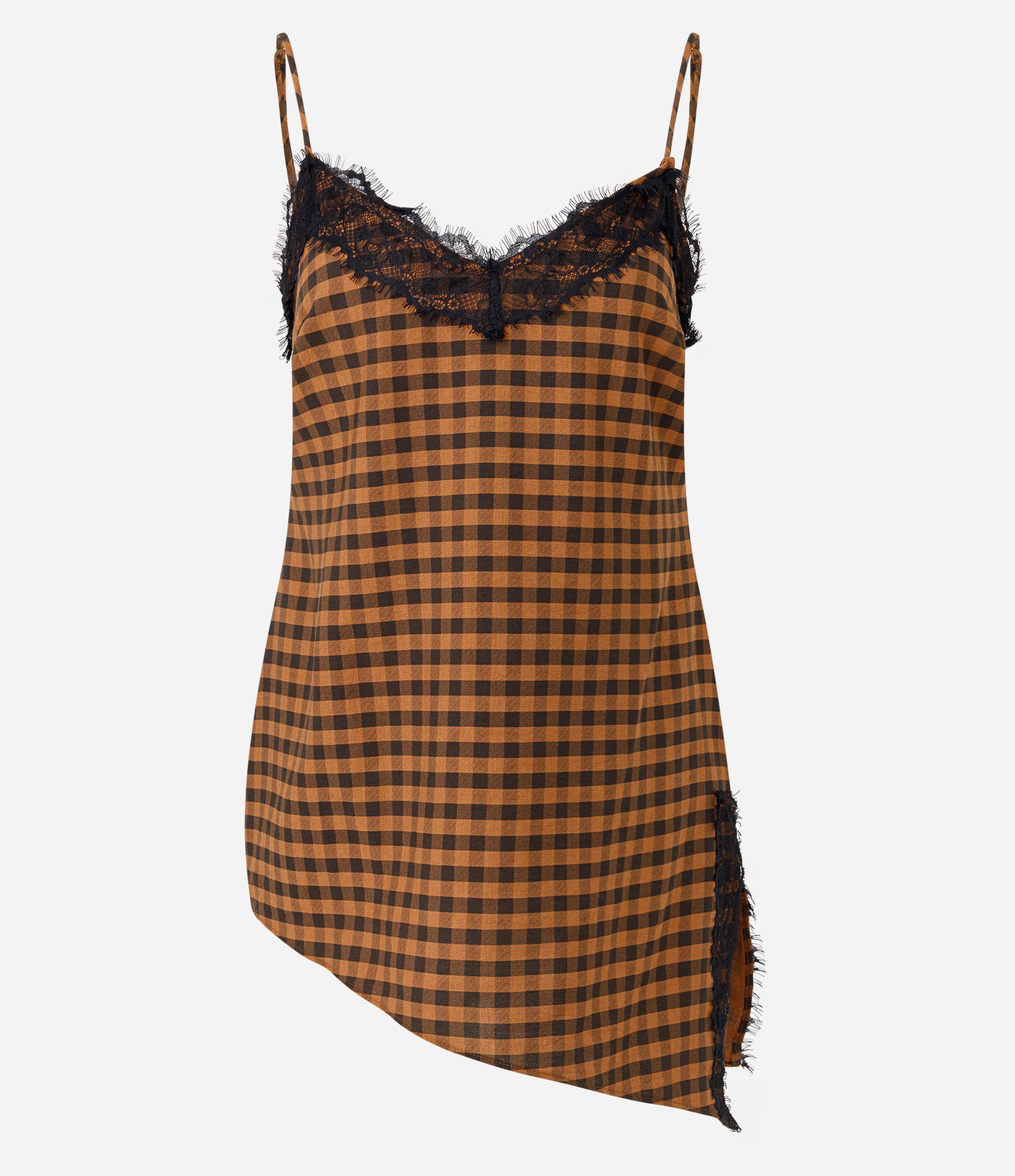 Blusa Xadrez Assimétrica com Renda Aplicada Marrom 1