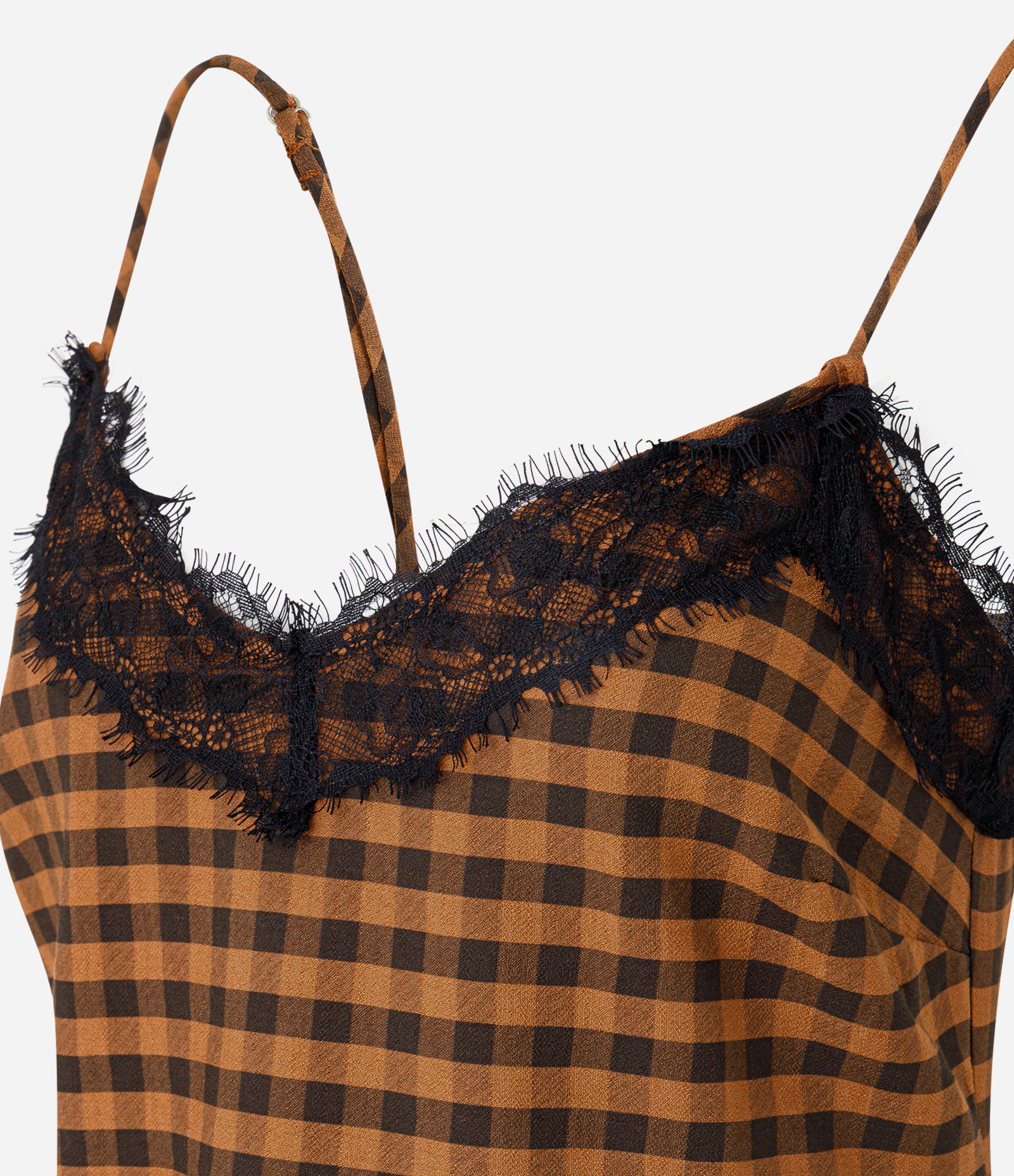 Blusa Xadrez Assimétrica com Renda Aplicada Marrom 7