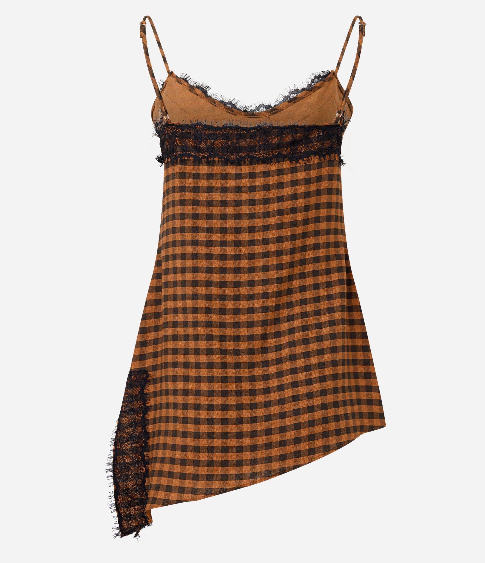 Blusa Xadrez Assimétrica com Renda Aplicada Marrom 8