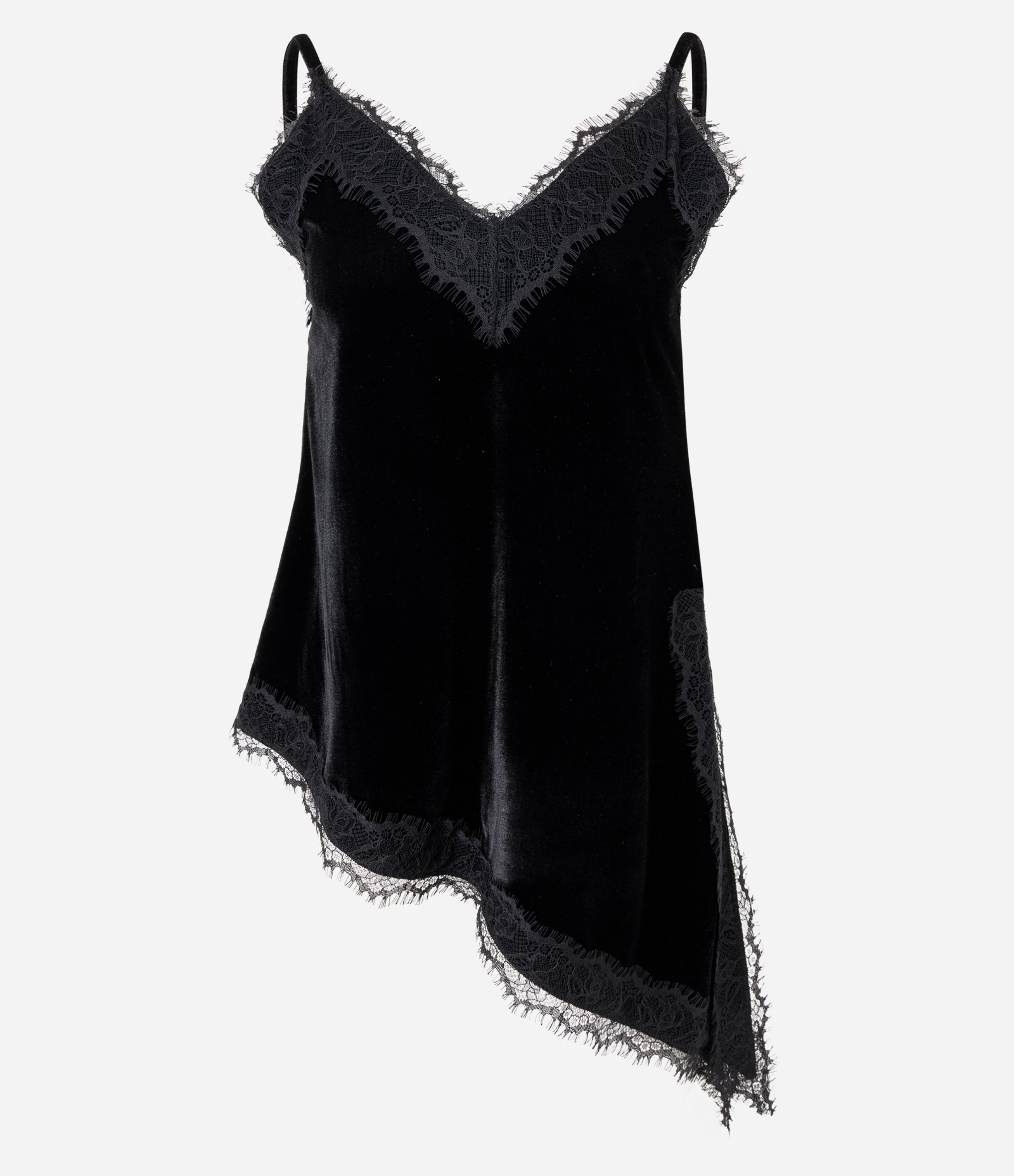 Blusa em Veludo com Barra Assimétrica e Renda Aplicada Preto 1