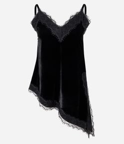 Blusa em Veludo com Barra Assimétrica e Renda Aplicada