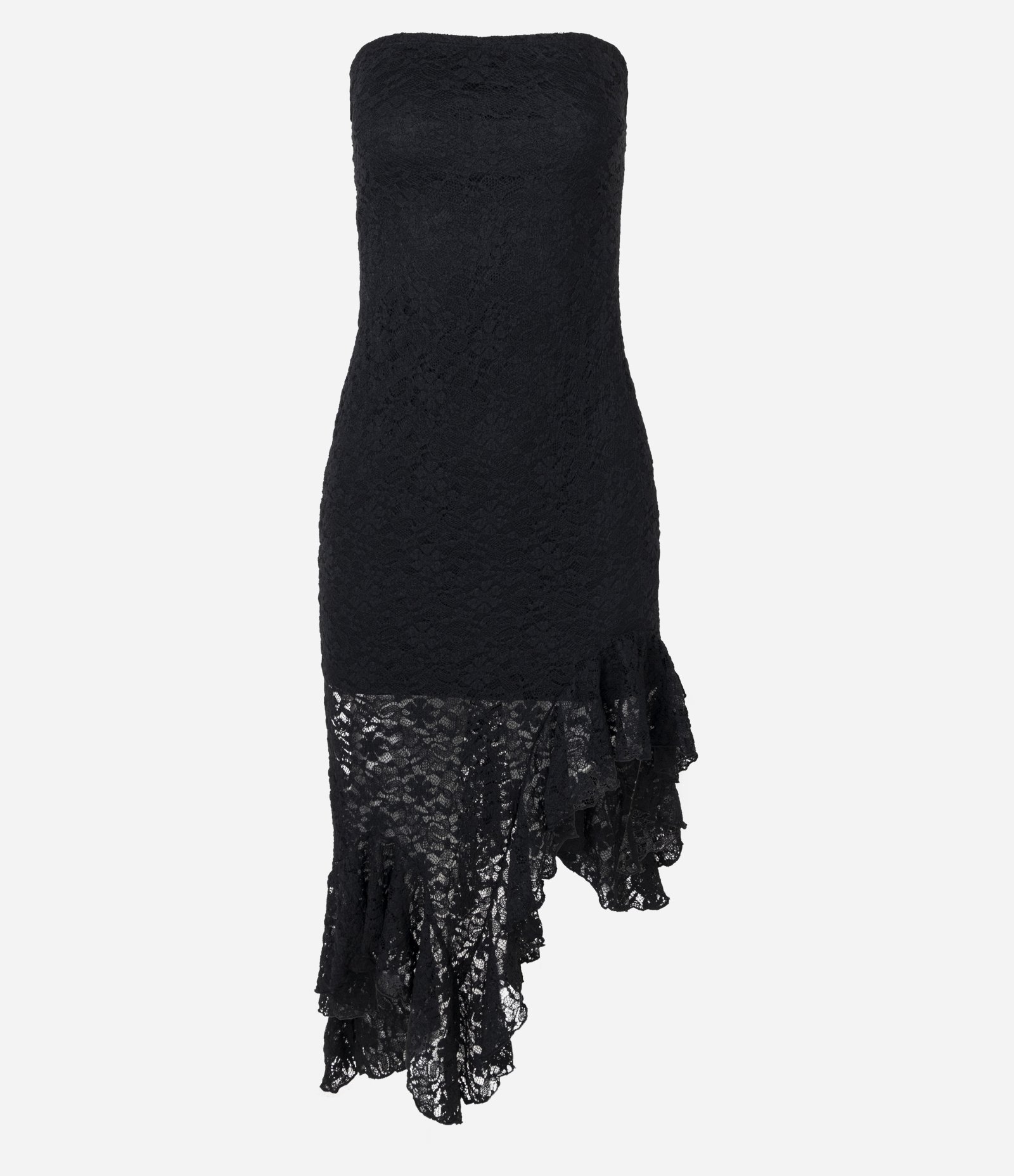 Vestido Tomara que Caia em Renda com Babado Assimétrico Preto 5