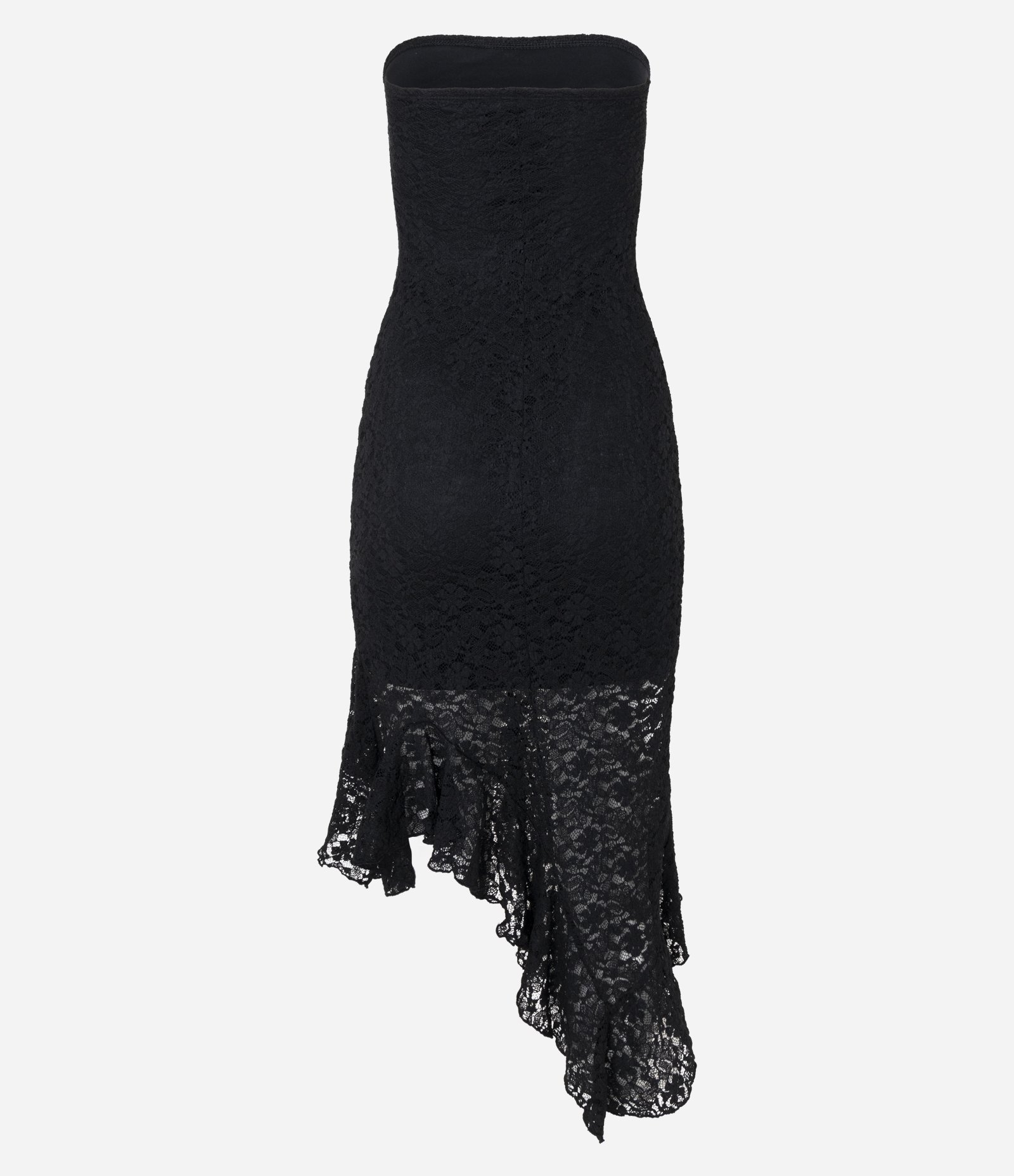 Vestido Tomara que Caia em Renda com Babado Assimétrico Preto 7