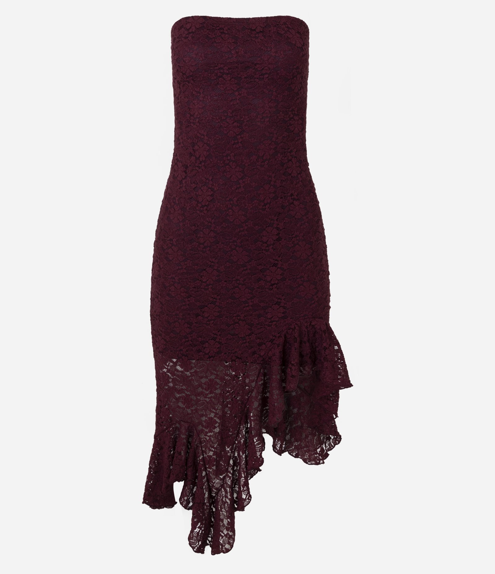 Vestido Tomara que Caia em Renda com Babado Assimétrico Vinho 5