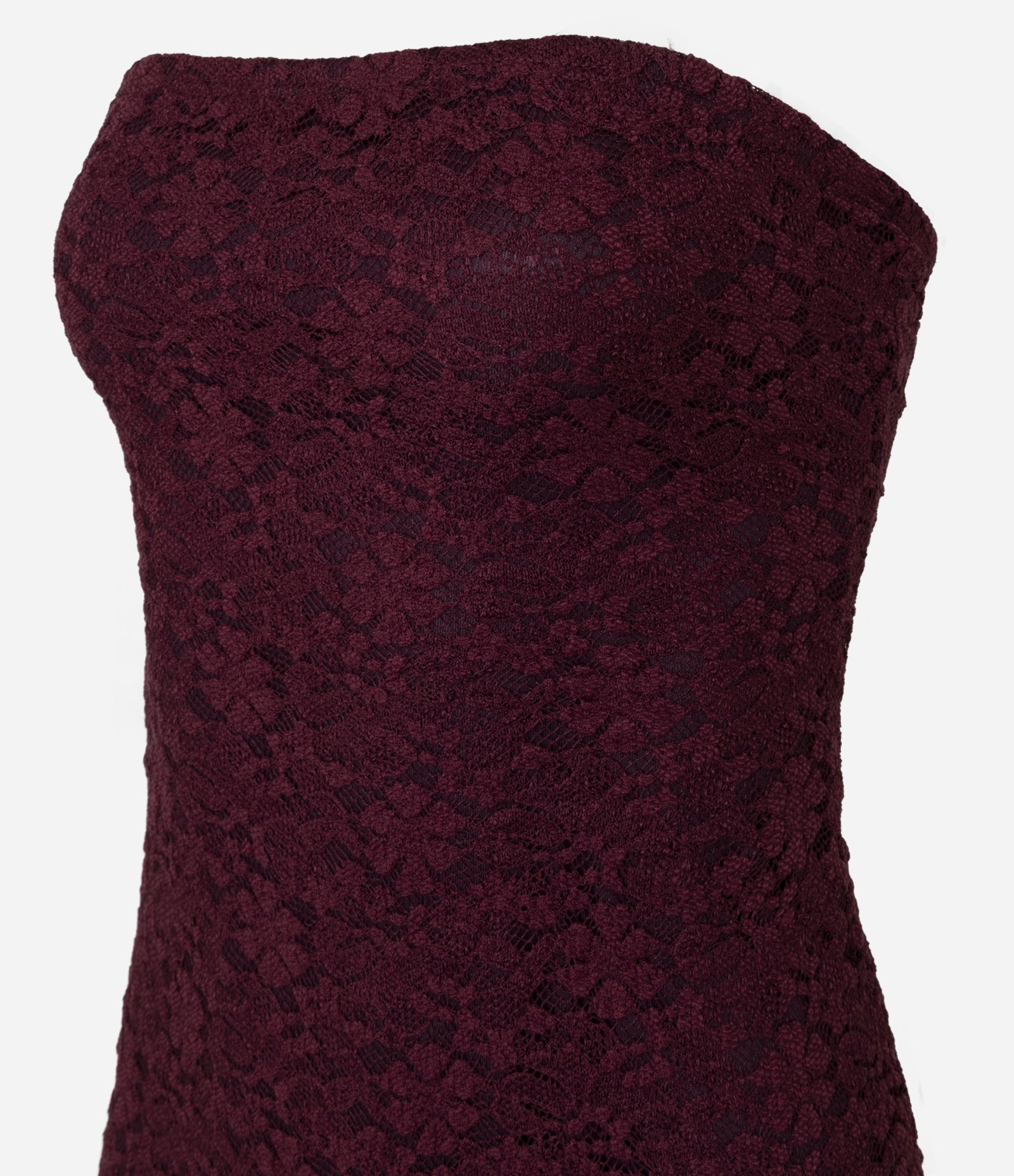 Vestido Tomara que Caia em Renda com Babado Assimétrico Vinho 6