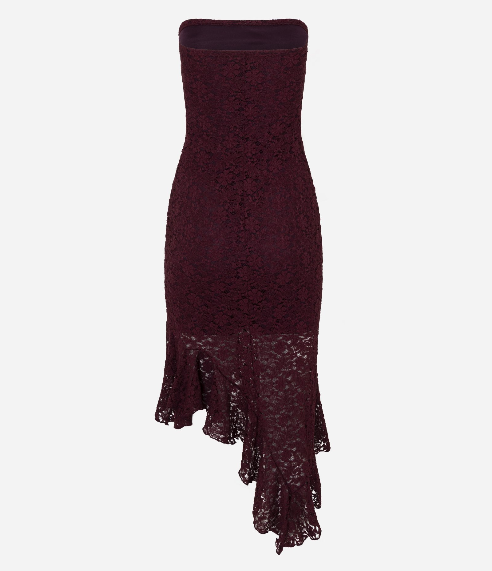 Vestido Tomara que Caia em Renda com Babado Assimétrico Vinho 7