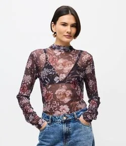Blusa de Tule Floral Manga Longa