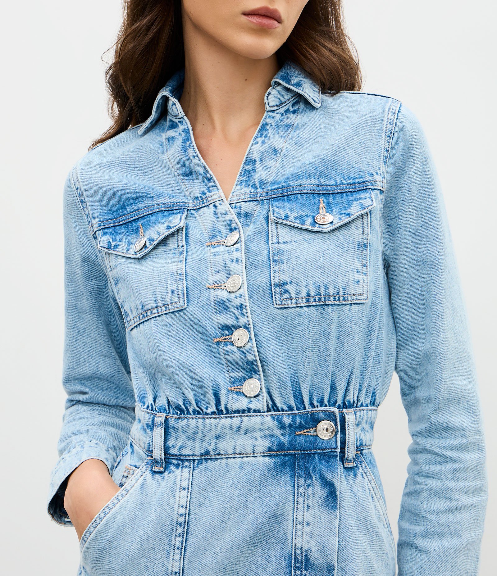 Vestido Curto em Jeans Manga Longa com Botões Frontais Azul Claro 3