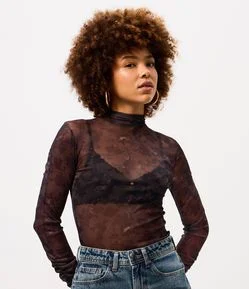 Blusa em Tule com Estampa e Manga Raglan