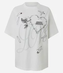 Camiseta Boxy em Algodão com Estampa de Corações e Lettering