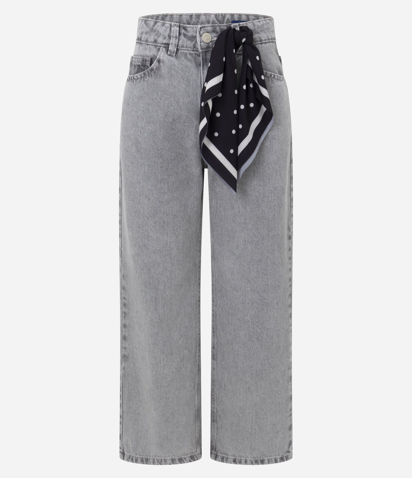 Calça Jeans Reta Cropped com Lenço Poá e Cintura Alta Cinza 1