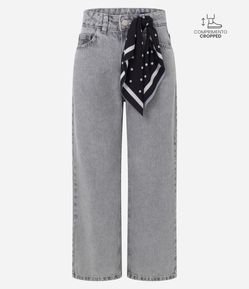 Calça Jeans Reta Cropped com Lenço Poá e Cintura Alta