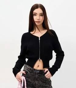 Cardigan em Tricô com Zíper Duplo e Manga Bufante