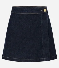 Short Saia Evase em Jeans com Cintura Alta e Botão Dourado
