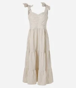 Vestido Sarja Listrado com Decote Coração