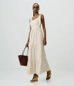 Vestido Sarja Listrado com Decote Coração
