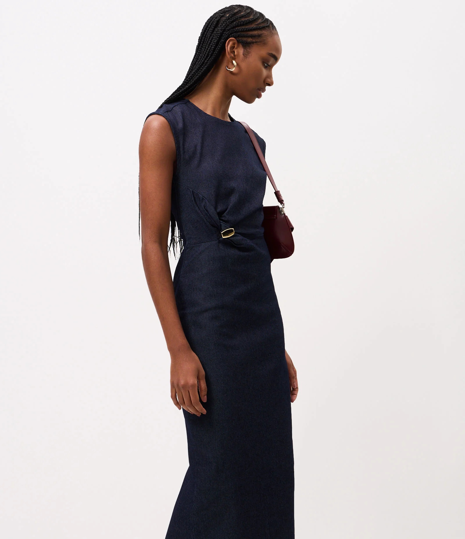 Vestido Midi em Jeans com Drapeado e Aviamento Azul Escuro 1