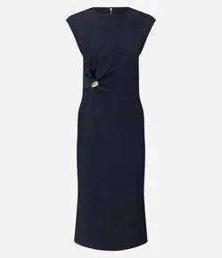 Vestido Midi em Jeans com Drapeado e Aviamento