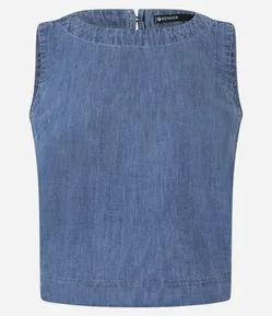 Blusa em Jeans com Costura Aparente e Gola Redonda