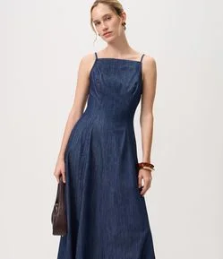 Vestido Midi em Jeans com Recortes e Alças Finas