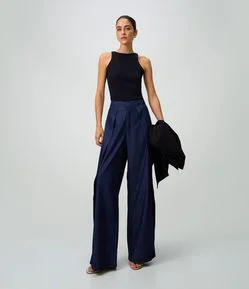 Calça Wide Leg em Jeans com Cós Transpassado