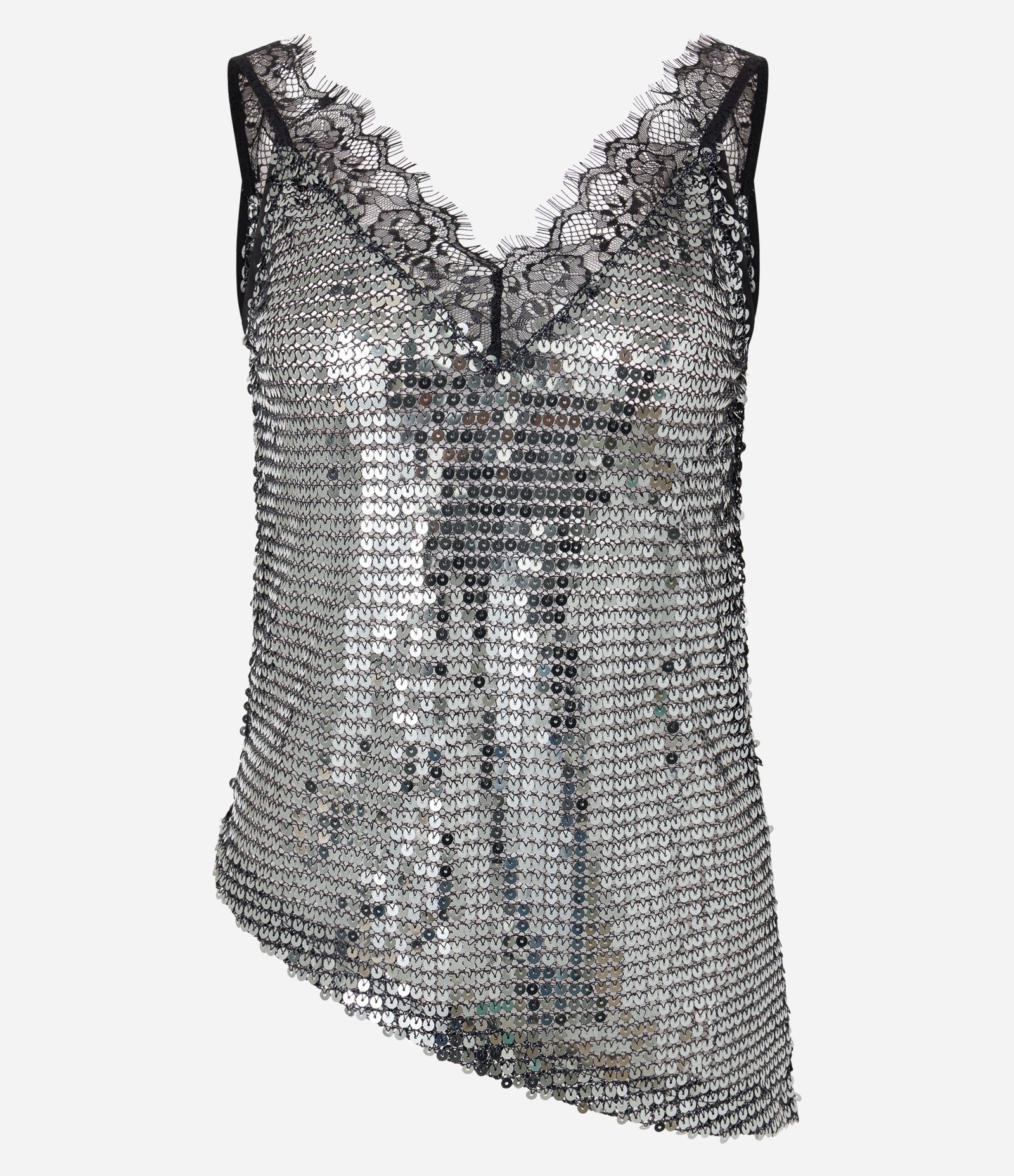 Blusa em Paetê com Decote em Renda e Barra Assimétrica Prata 6