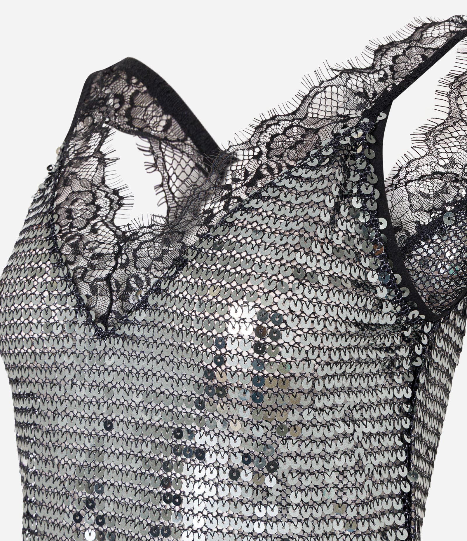 Blusa em Paetê com Decote em Renda e Barra Assimétrica Prata 7