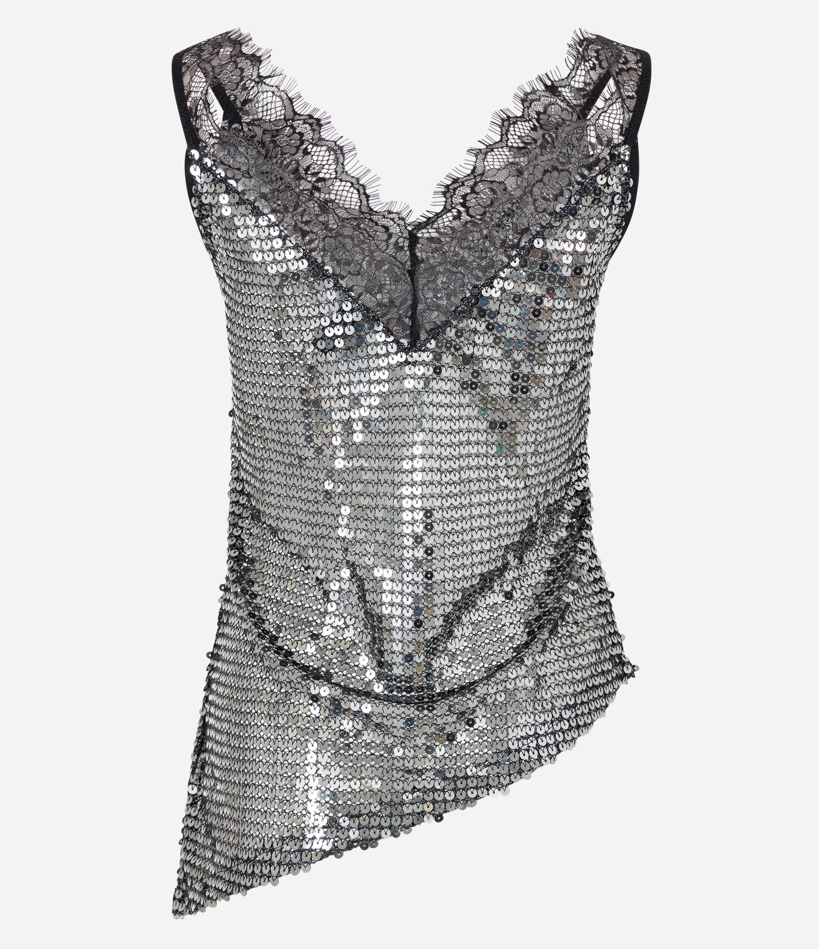 Blusa em Paetê com Decote em Renda e Barra Assimétrica Prata 8