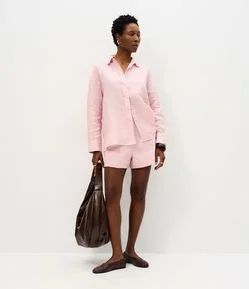 Short Reto Cintura Alta em Linho com Pences e Bolsos
