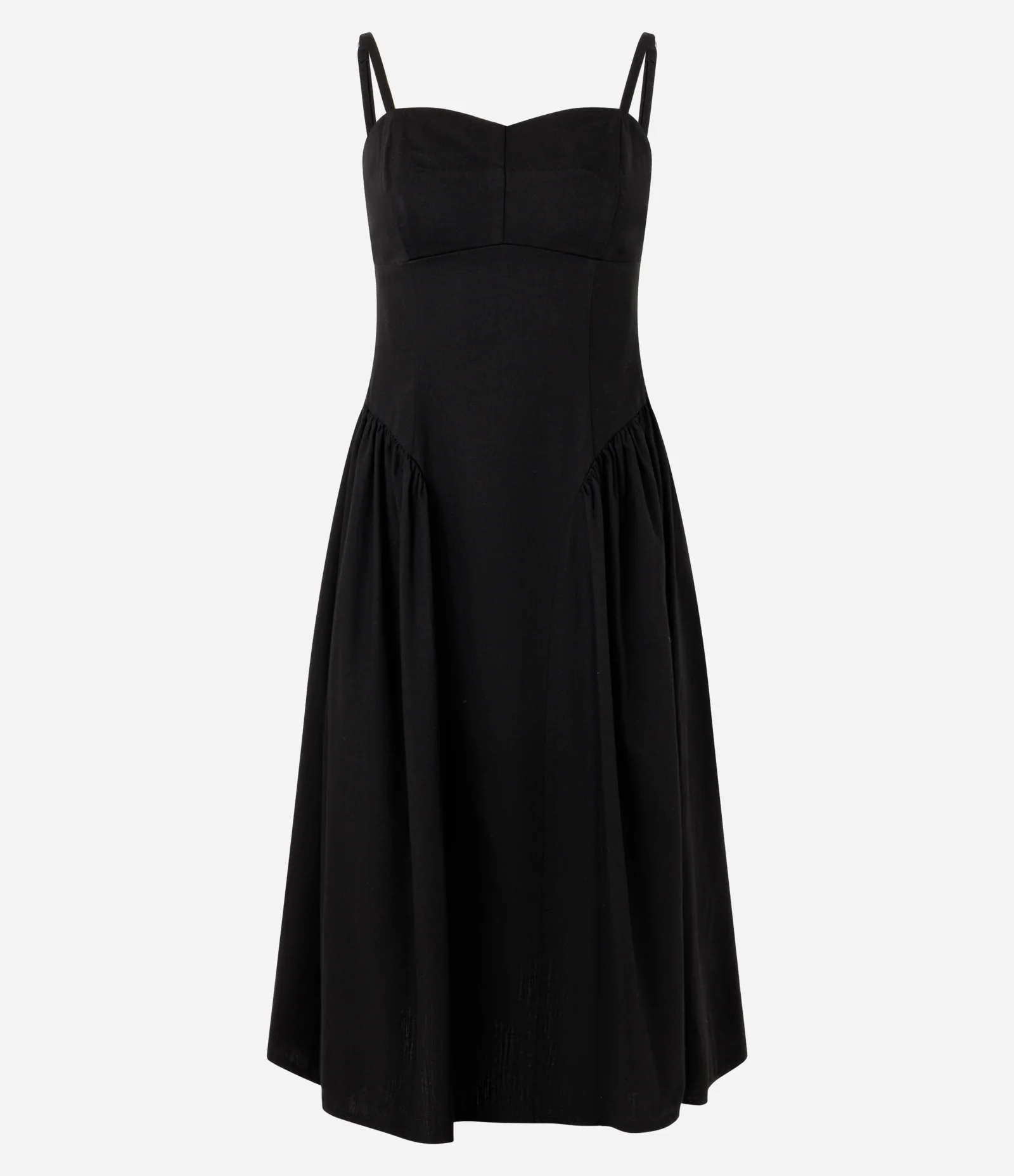 Vestido Midi em Sarja com Recortes Estruturados e Zíper Frontal Preto 1