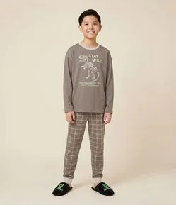 Pijama Longo Infantil com Estampa Dinossauro e Xadrez – Tam 5 a 14 Anos