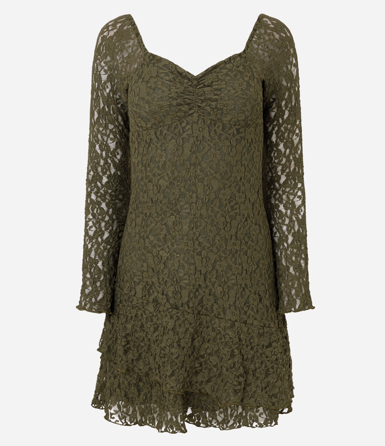 Vestido Curto Manga Longa em Renda Texturizada Verde 1