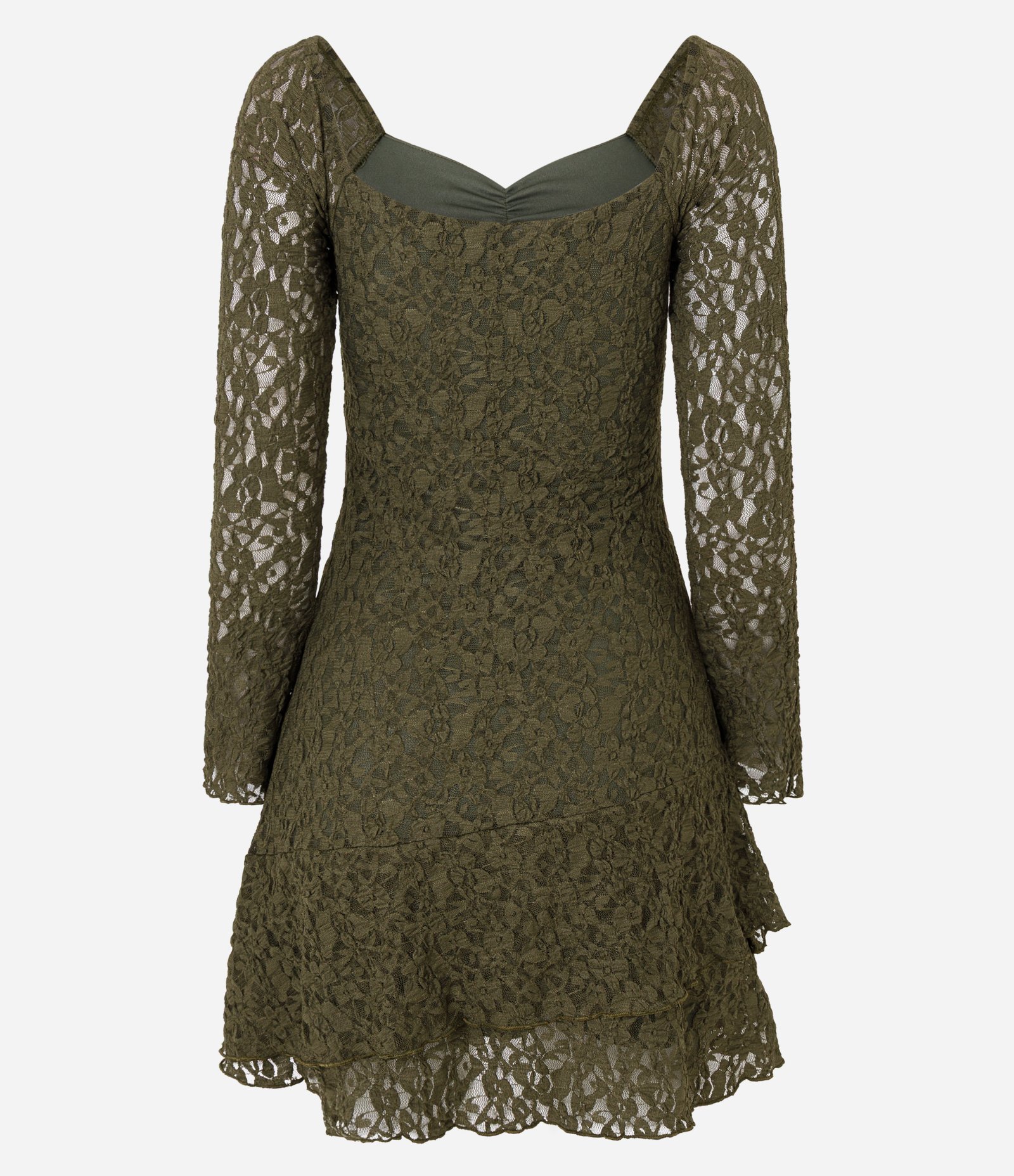 Vestido Curto Manga Longa em Renda Texturizada Verde 3