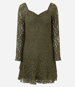 Vestido Curto Manga Longa em Renda Texturizada
