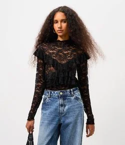 Blusa de Renda Manga Longa com Babados