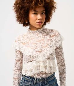 Blusa de Renda Manga Longa com Babados