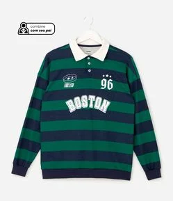 Camiseta Infantil Polo Listrada com Lettering – Tam 5 a 14 Anos