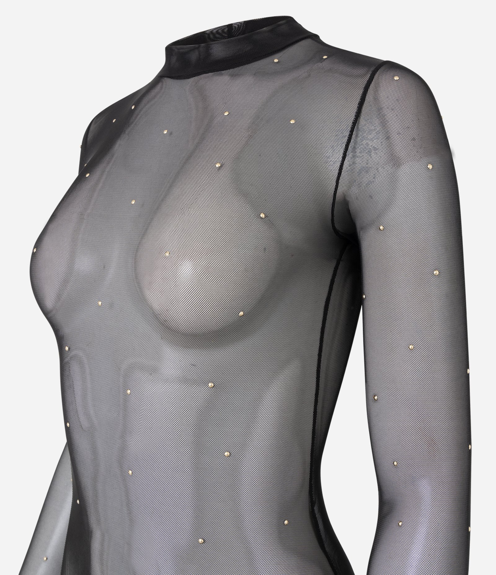 Body Manga Longa em Tule com Aplicação de Pedrarias Preto 6