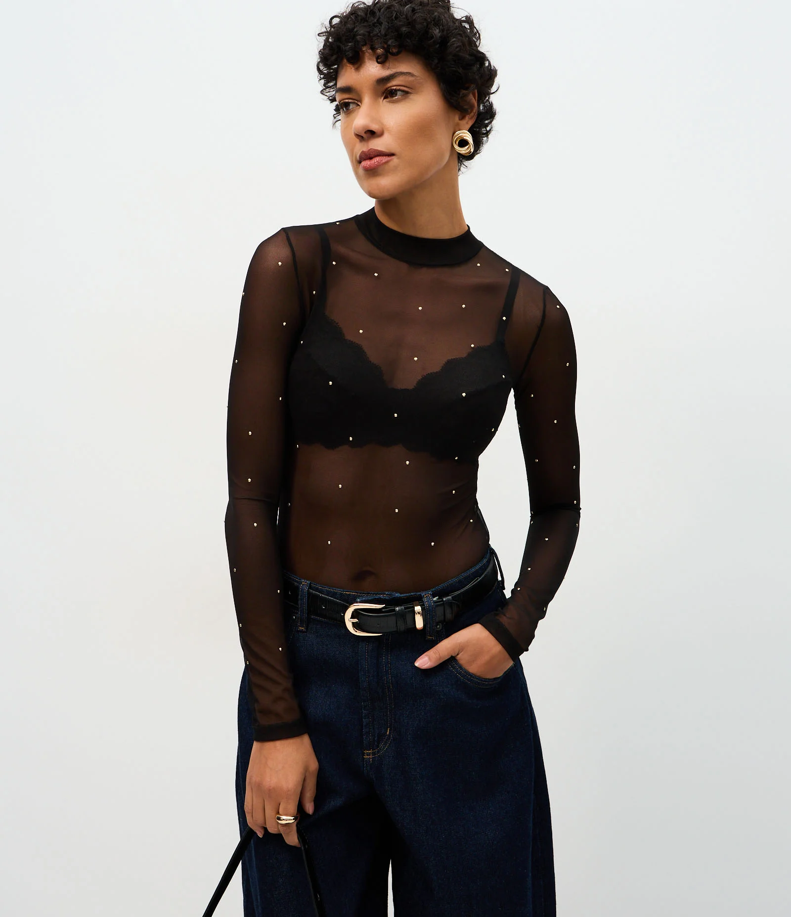 Body Manga Longa em Tule com Aplicação de Pedrarias Preto 1