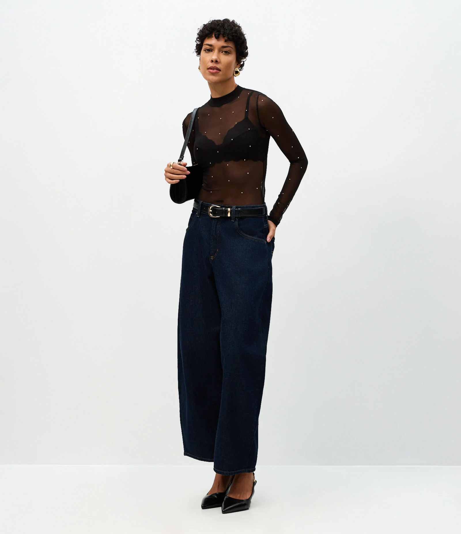 Body Manga Longa em Tule com Aplicação de Pedrarias Preto 2