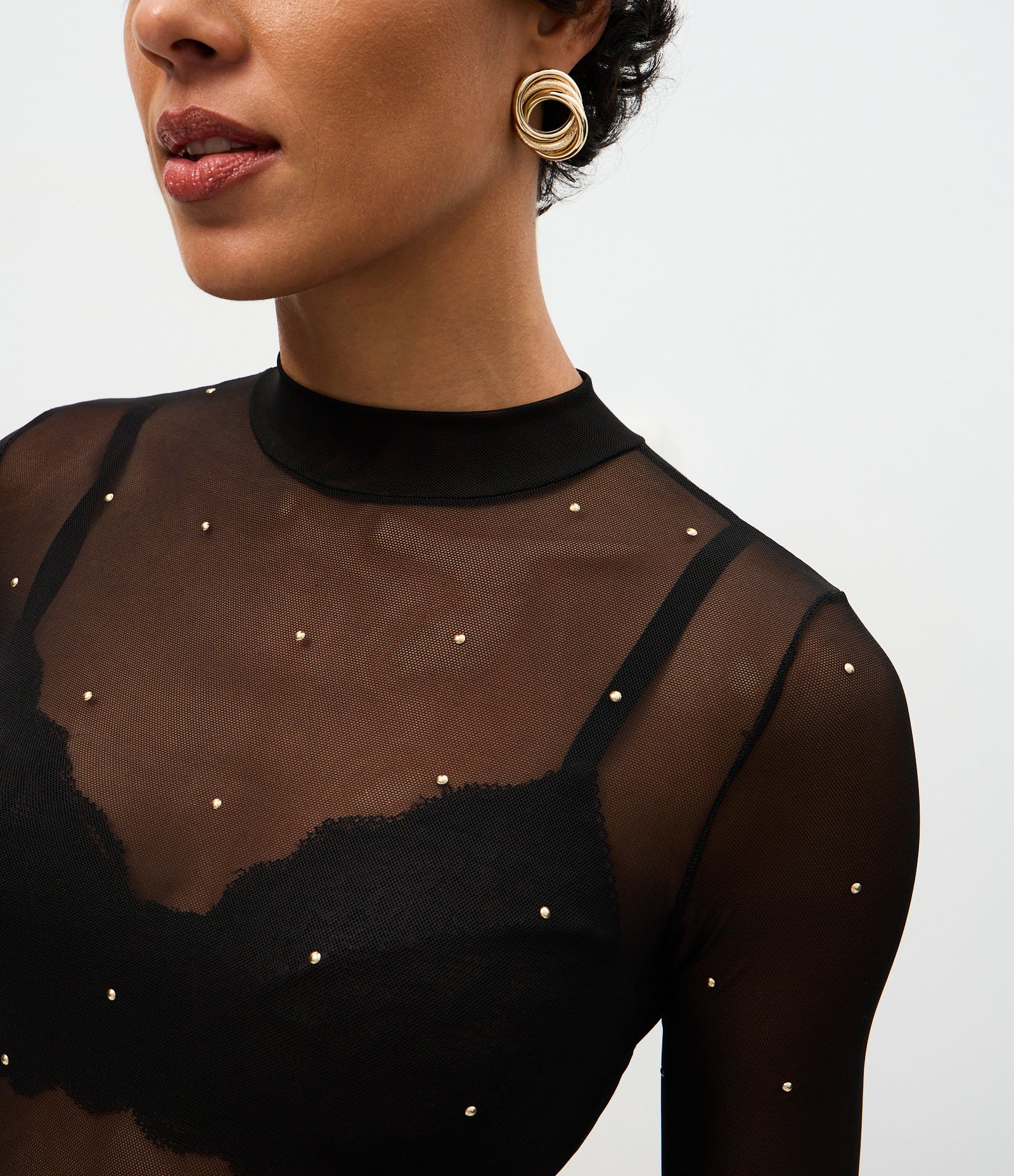 Body Manga Longa em Tule com Aplicação de Pedrarias Preto 4