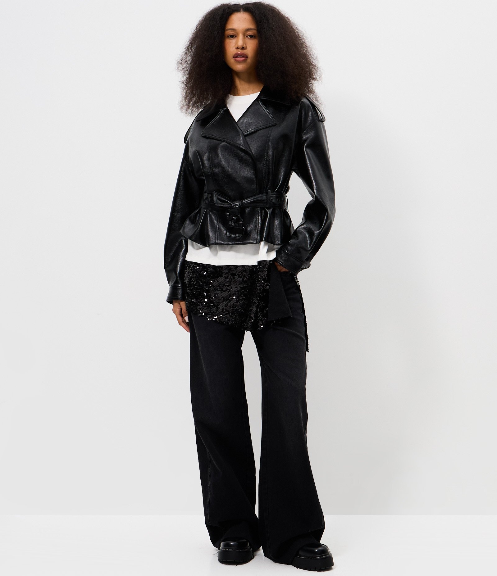 Jaqueta Trench Coat em PU com Cinto Preto 2