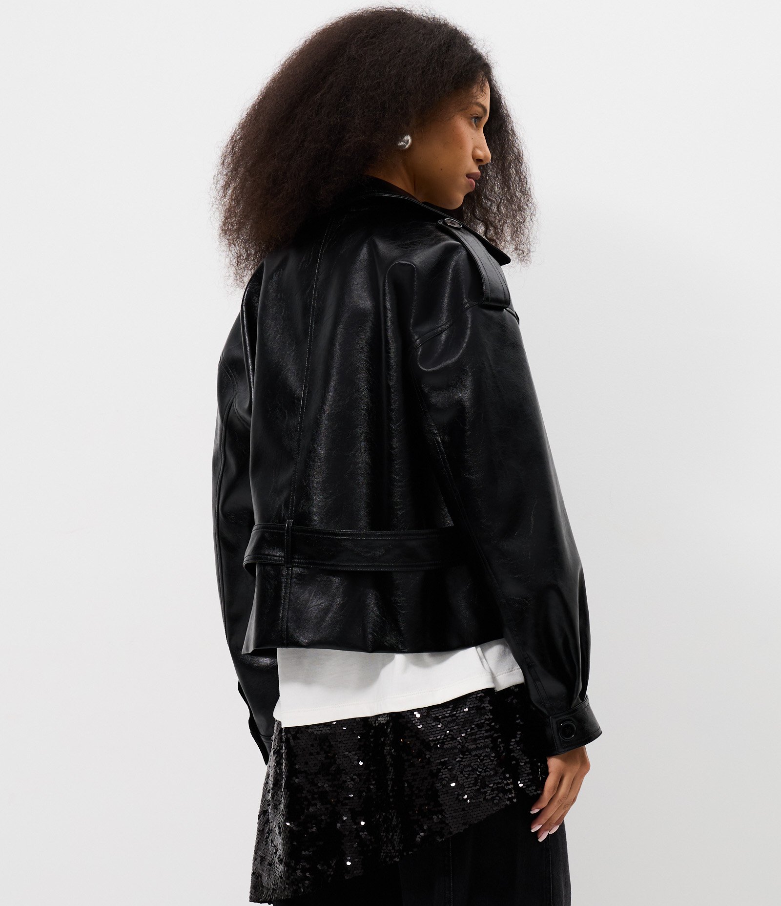 Jaqueta Trench Coat em PU com Cinto Preto 5