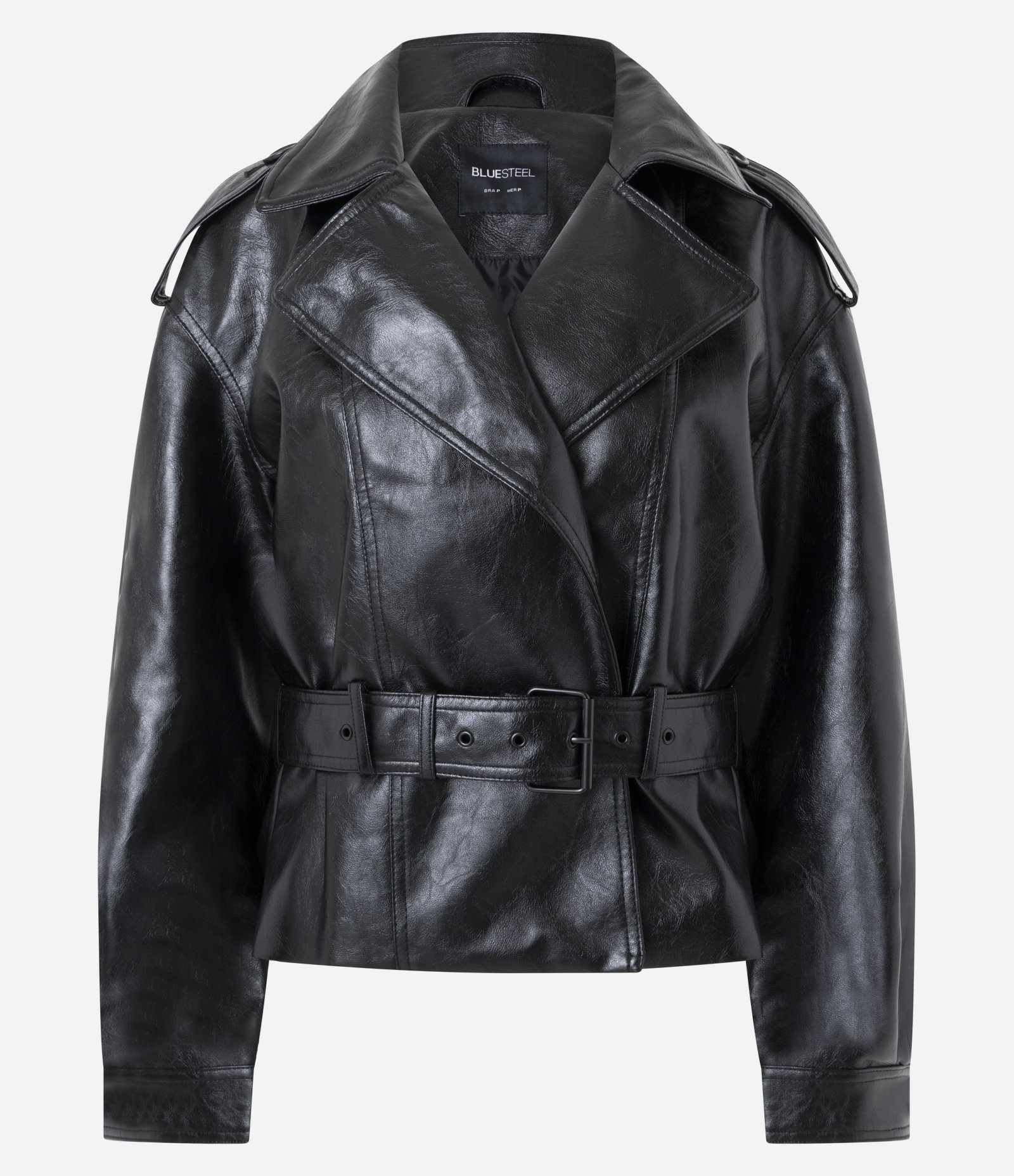 Jaqueta Trench Coat em PU com Cinto Preto 6