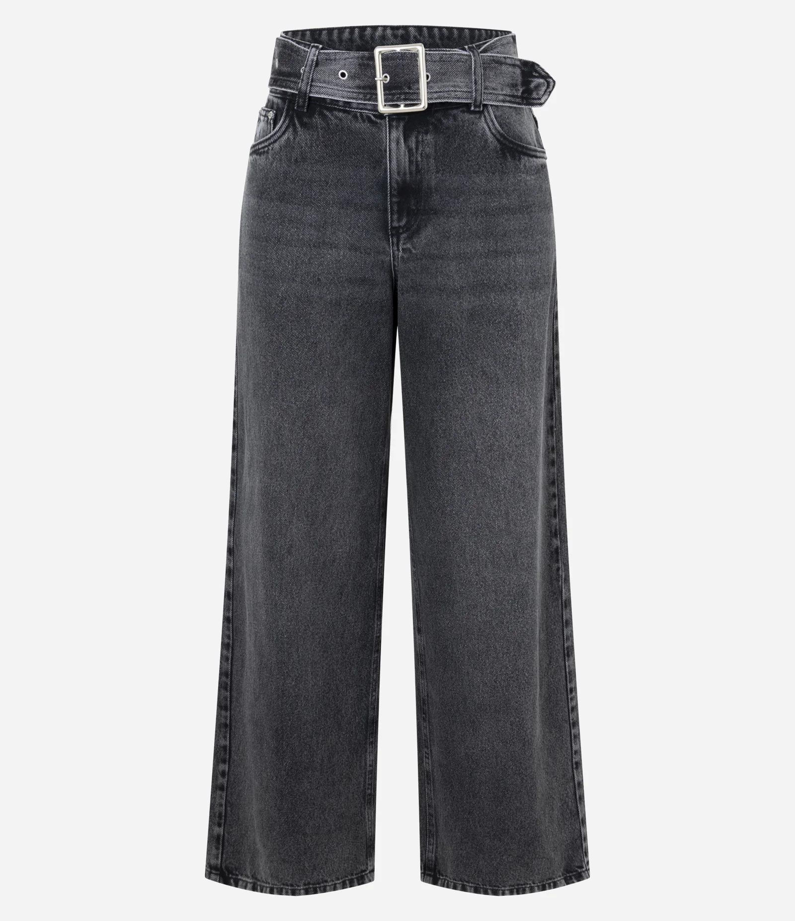 Calça Wide Leg Jeans com Cintura Baixa e Cinto com Fivela Cinza Escuro 1