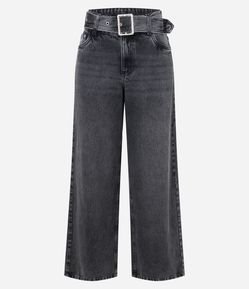 Calça Wide Leg Jeans com Cintura Baixa e Cinto com Fivela