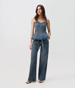 Calça Wide em Jeans com Cinto de Lenço e Miçangas